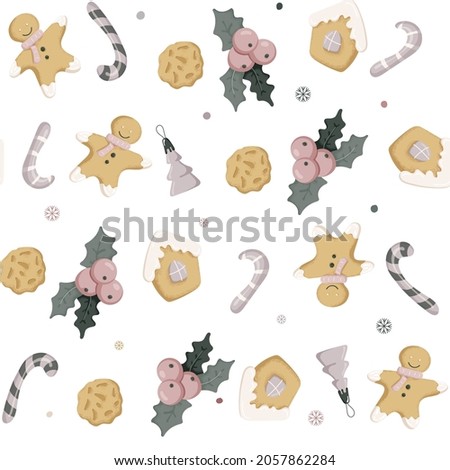Happy new year seamless vector pattern. Pattern christmas items. Gingerbread, holly, sugar candy, Christmas tree toy. For design, wrapping paper and wallpaper. Vector illustration. Hand-Drawn.