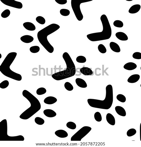 Flat cartoon animal footprint silhouette seamless pattern. Cat or dog foot, unknown animal. Black print paw trace. Vector illustration. Trendy style design.
