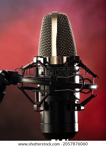 Close-up is a professional microphone on a red background. One object. No people. Conversational genre, singing. instrumental music, speaker, dj, karaoke, wedding, wedding.