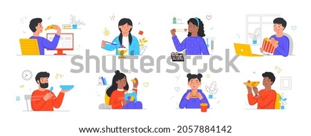 Set of people eating food at home. Men and women relax and eat pizza, burgers, ice cream, chicken or porridge. Delicious flavorful dishes. Cartoon flat vector collection isolated on white background