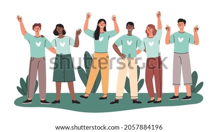 Group of volunteers. Kind characters stand together, hug and wave their hands. Charity and donations. People help those in need. Cartoon flat vector illustration isolated on white background Royalty-Free Stock Photo #2057884196