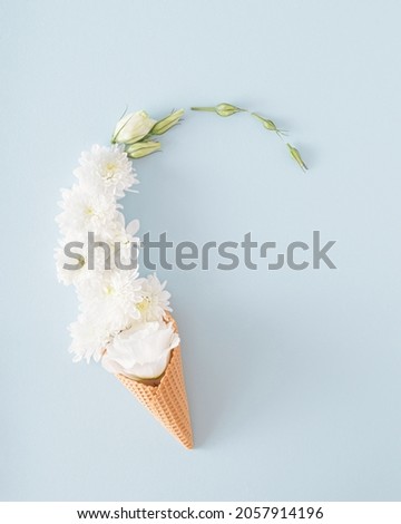 Natural flowers in an ice cream cone. Blue pastel background. Creative layout for various purposes