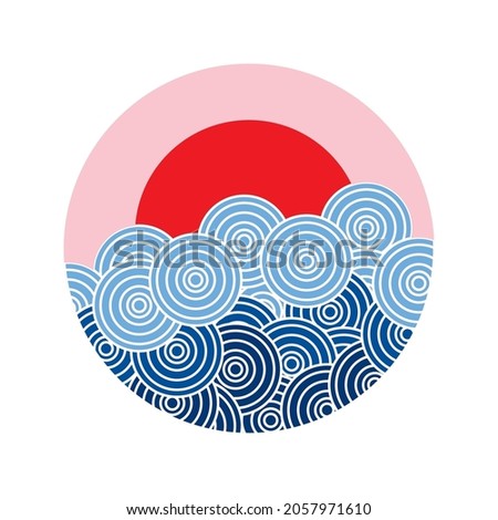 japanese wave and red sun logo, icon,background illustration vector.
