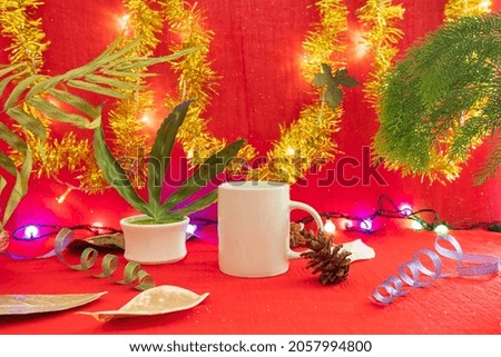 minimalist concept idea displaying products. coffee mug on christmas and new year background
