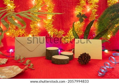 minimalist concept idea displaying products. greeting card on christmas and new year background.