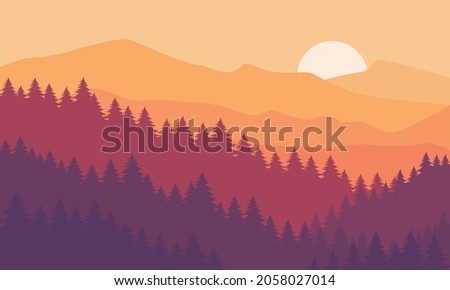 Vector illustration of beautiful mountain landscape with fog and forest. Sunrise and sunset in mountains. Vector background