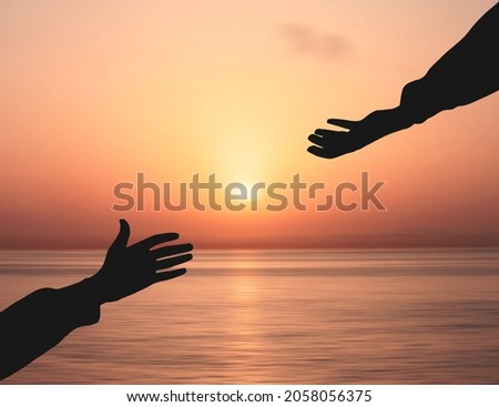 Hand Asking help From god and Get Hired Concept. Helping Hand Against Sunrise Ocean background. People helping and God salvation Concepts