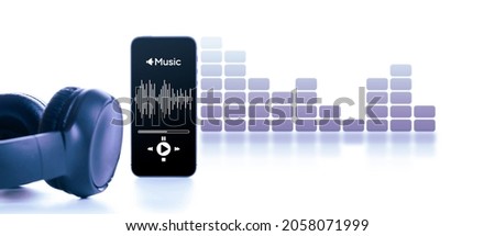 Music concept. Audio beats, sound headphones, music application on mobile smartphone screen. Record sound voice isolated on white background. Recording studio or podcasting banner with copy space