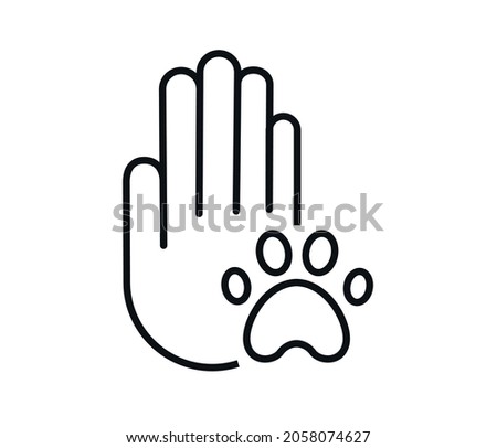 Human hand palm with dog or cat paw print symbol. Veterinary pet care, shelter adoption or animal charity design element.
