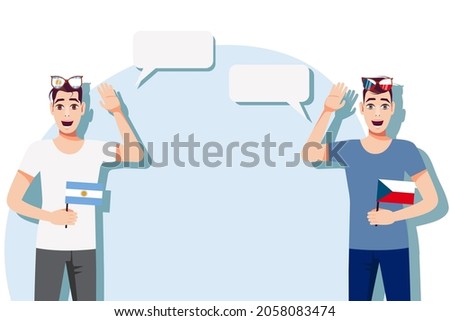 Men with Argentine and Czech flags. Background for text. Communication between native speakers of Argentina and Czech. Vector illustration.