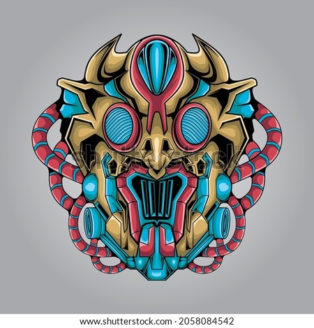 mecha alien monster head illustration, perfect for design of t-shirts, stickers, merchandise, etc