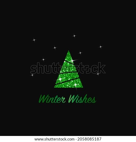 Sparkling Christmas Tree. Green Metallic glitter icon on a dark background. Merry Christmas and Happy New Year 2022. Vector illustration. Winter Wishes.