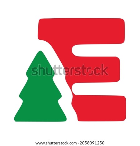 Red letter e with fir vector clip art, Christmas lettering isolated on white background