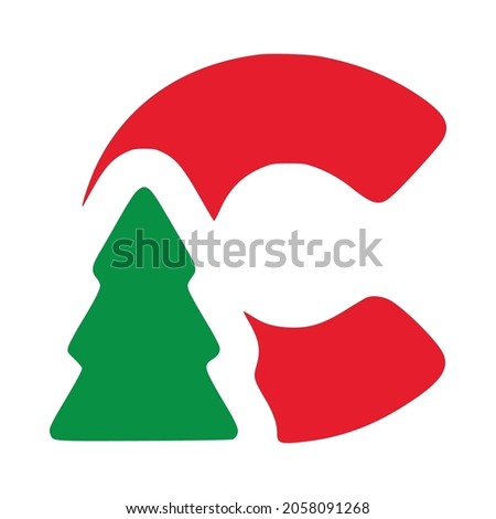 Red letter c with fir vector clip art, Christmas lettering isolated on white background