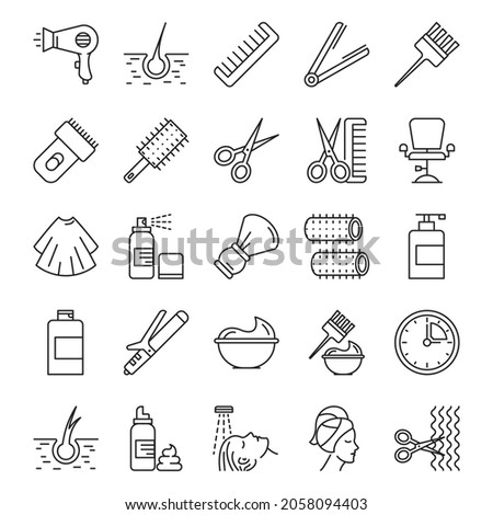 Hairdresser icon set vector isolated. Collection of line icons. Scissors, hair comb and other hair styling accessories. Salon hair care. Royalty-Free Stock Photo #2058094403