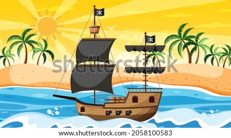 Ocean with Pirate ship at sunset time scene in cartoon style illustration