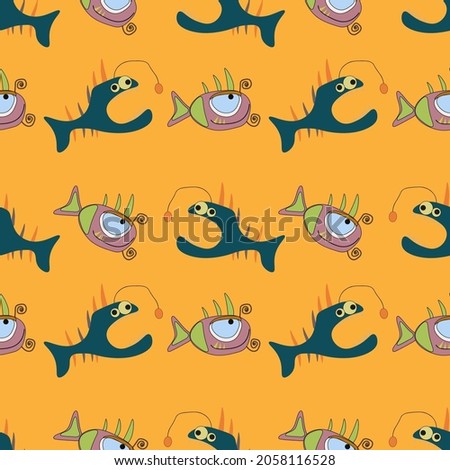 Monster Fish Vector ilustration seamless patern with yellow background.Great for textile,fabric,wrapping paper,and any print.