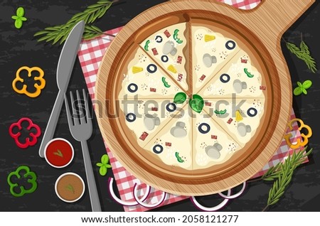 Pizza on wooden plate with various vegetables on table background illustration