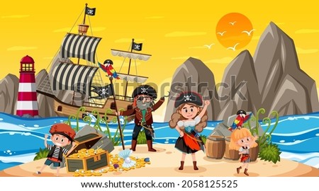 Treasure Island scene at sunset time with Pirate kids illustration