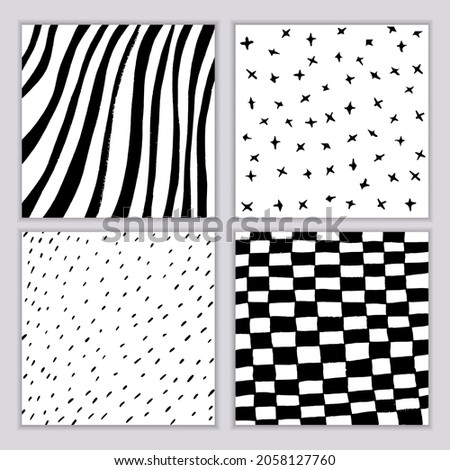 Set of geometric patterns of hand drawn elements. Vector background of stripes, dots, circles in black on white background. Modern minimalist design.