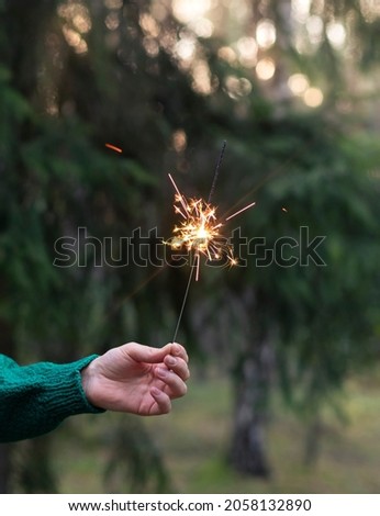 Sparkler firework in women's hand in forest. Christmas holidays celebration concept greeting card	