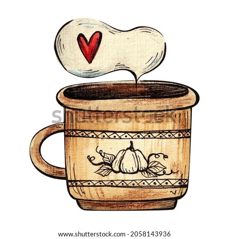 watercolor illustration of mug with hot drink.  pumpkin latte, tea, coffee, chocolate