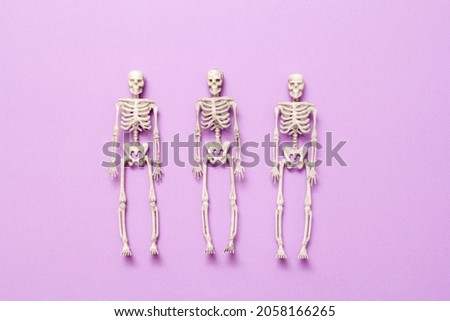 Halloween and skeleton. Purple background. Halloween background. View from above. Flat lay