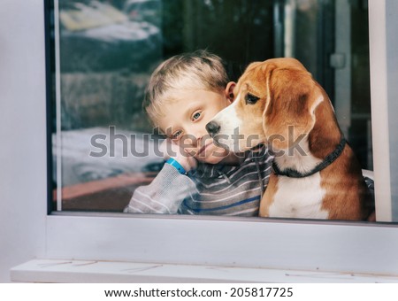 Sorrow little boy with best friend looking through window Royalty-Free Stock Photo #205817725