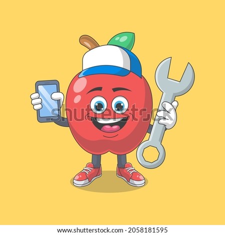 Cute Happy Red Apple Mechanic Cartoon Vector Illustration. Fruit Mascot Character Concept Isolated Premium Vector