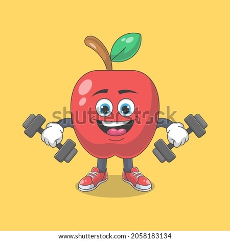 Cute Happy Red Apple Fitness Cartoon Vector Illustration. Fruit Mascot Character Concept Isolated Premium Vector