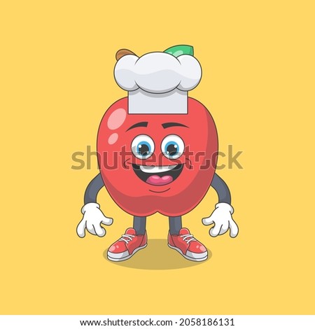 Cute Happy Red Apple Chef Cartoon Vector Illustration. Fruit Mascot Character Concept Isolated Premium Vector