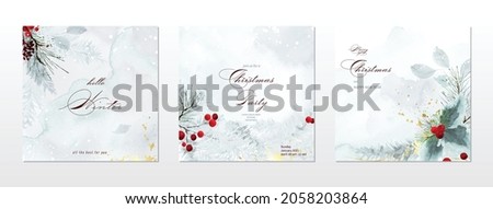 Merry Christmas and winter square cards watercolor collection. Berry and pine branches on snow falling with hand-painted watercolor. Suitable for cards design, New year invitations.