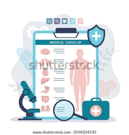 Internal organs diagnostic report. Clipboard with patient test results. Various instruments for examinations. Complete medical check up in clinic. Establishing diagnoses. Flat vector illustration
