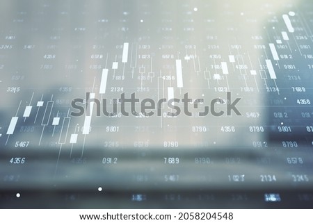 Multi exposure of creative statistics data hologram on modern business center exterior background, stats and analytics concept