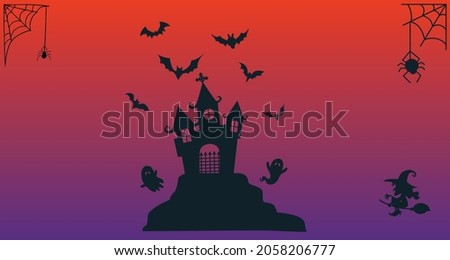 Happy Halloween banner or party background. Vector illustration. Spiders web and flying bats. 