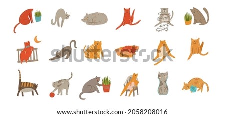 Set of flat cartoon vector cats illustration. Cat sitting, slipping, playing with yarn ball, grooming, christmas like, eating grass.