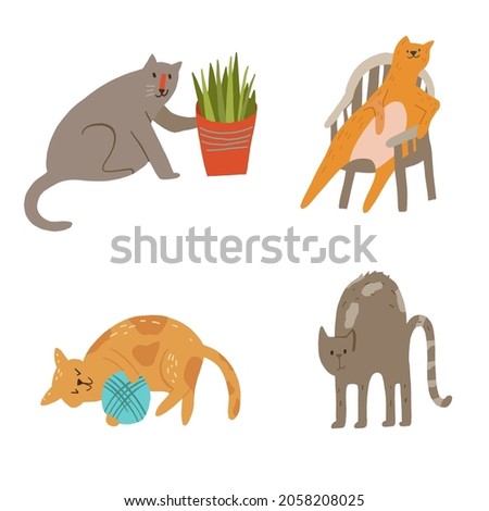 Set of cats knocking off a plant, sitting in chair, playing with yarn ball, arching back. Four vector flat style cartoon hand drawn illustration.