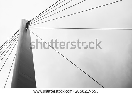 Metal strings of an architectural bridge against a gray cloudy sky. Black and white photography (1065)
