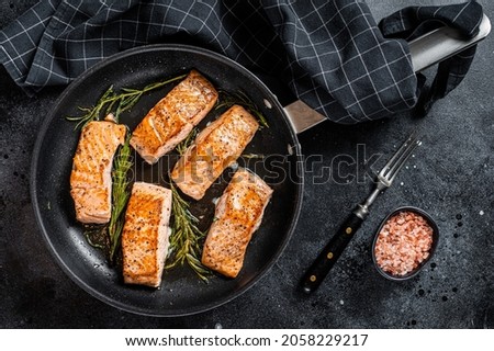 Roasted Salmon Fillet Steak in a pan with rosemary. Black background. Top view Royalty-Free Stock Photo #2058229217