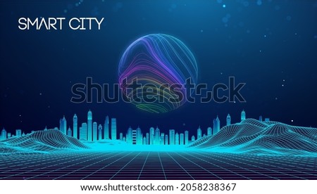 Wireframe landscape with Smart city. Technology background blue in low poly style. Data security 3d vector background. Global social network connection. Royalty-Free Stock Photo #2058238367