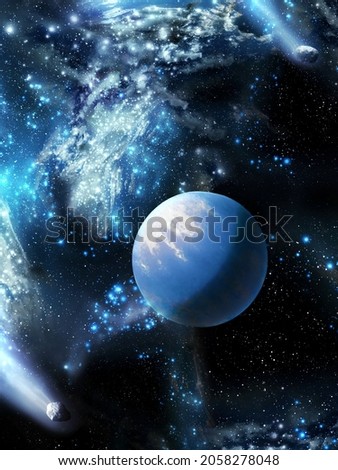 Planet in deep space. Beauty of the universe. Colorful cosmos with stars and nebula.