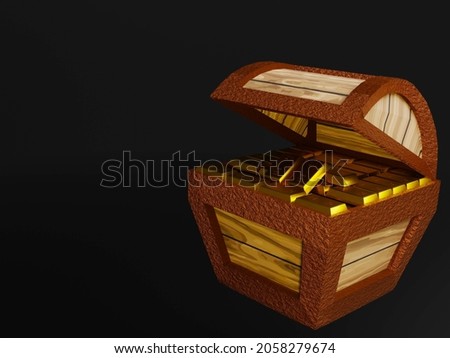 Treasure chest box make from teak wood with silver sheet, lock key gold and gold bar in box, on the sandy beach background. 3D rendering.