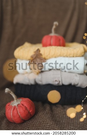 halloween and autumn cozy composition with pumpkins, october home decoration
