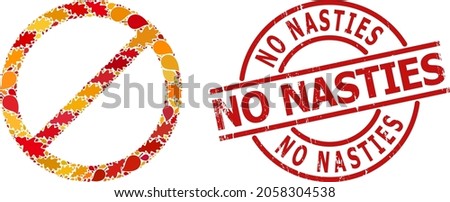 Forbid mosaic icon designed for fall seasonwith No Nasties rubber stamp imitation. Vector forbid mosaic is formed with randomized fall maple and oak leaves. Royalty-Free Stock Photo #2058304538