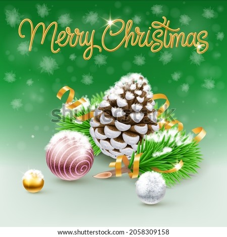 Christmas Decoration Pattern, or Party Invitation Template on Green Background. Composition of the Pine Cone, Branche of Spruce in the Snowflakes, Tinsel, and Sequins, New Years Balls