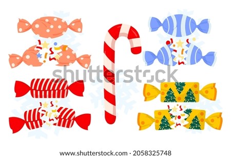 Set of christmas crackers and candy in colorful wrappings on white background. Festive cute cracker templates full of colorful confetti inside. Flat cartoon vector illustration