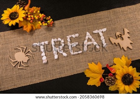 Treat written with white stones over a burlap banner with yellow flowers and black background
