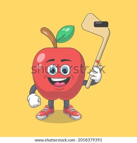 Cute Happy Red Apple Playing Ice Hockey Cartoon Vector Illustration. Fruit Mascot Character Concept Isolated Premium Vector