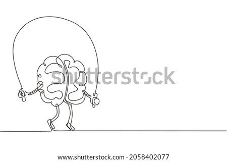 Single continuous line drawing brain training with rope jumping flat design. Creative idea. Fitness brain concept. Doodle style. Character brain for sport, education. One line draw vector illustration