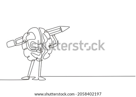 Continuous one line drawing brainy student human brain character with carrying pencil on shoulder. Storytelling logo, writer icon. Training of writing skills concept. Single line draw design vector